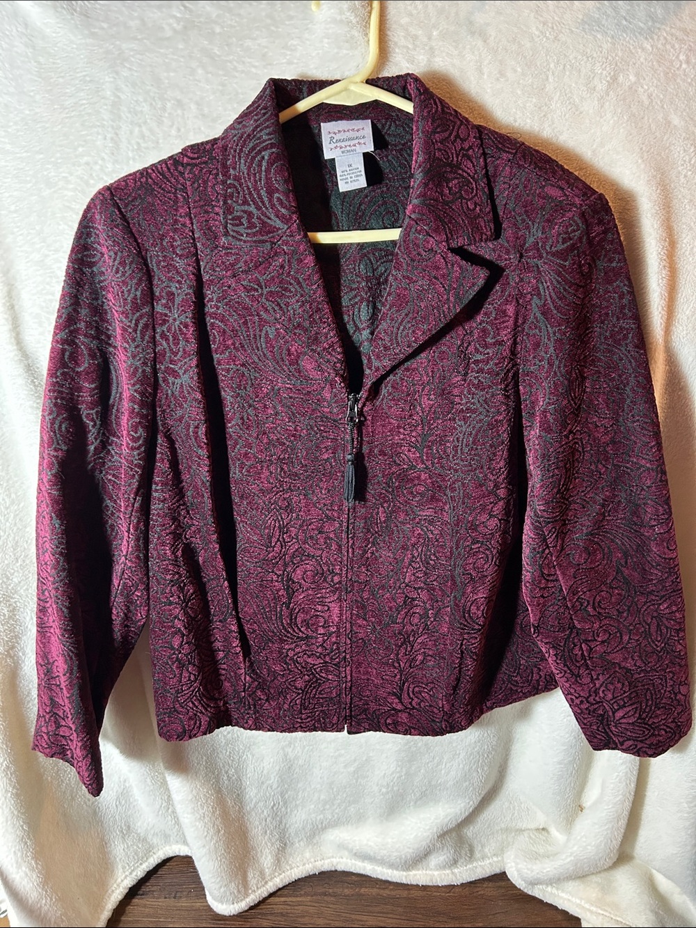 Vintage renaissance women Burgundy Paisley Zip-Front Jacket 1x